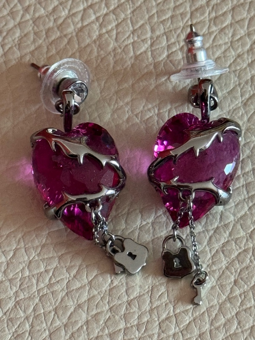 Swarovski Pink Heart Dangle Earrings with Lock & Key Charm